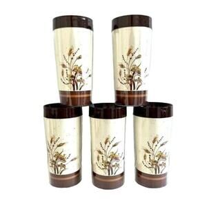 Set of 5 Vintage THERMO SERV WHEAT Drinking Glass Plastic Dried Grasses 1980s